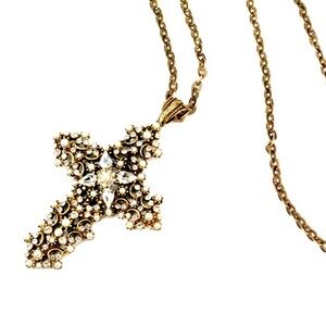 Sweet Romance Lace Cross Pendant Necklace Crystal & Seed Pearls NWOT